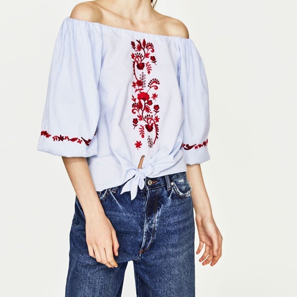 Zara‎ Embroidered Off-The-Shoulder Tie Front Blouse In Sky Blue w/ Red Women's S